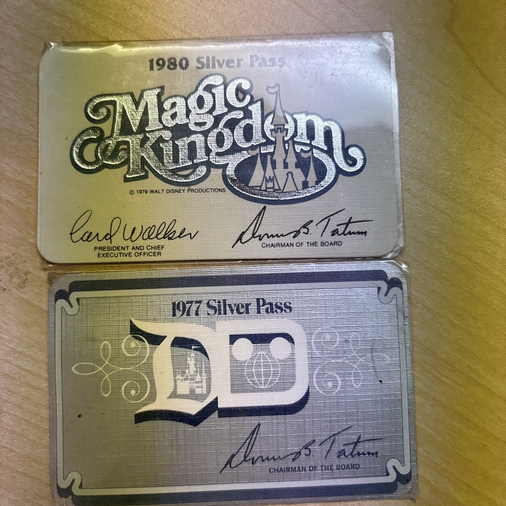 Vintage 1977 And 1980 Disney World Cast Member Silver Pass Card - Passholder
